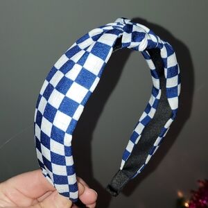 New handmade boutique checkered top knot flexible wide headband blue/white